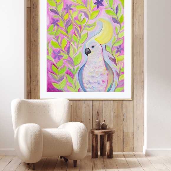 Cockatoo Hairdo Art Print Oil Painting tropical bird plants flowers whimsical - Picture 7 of 10